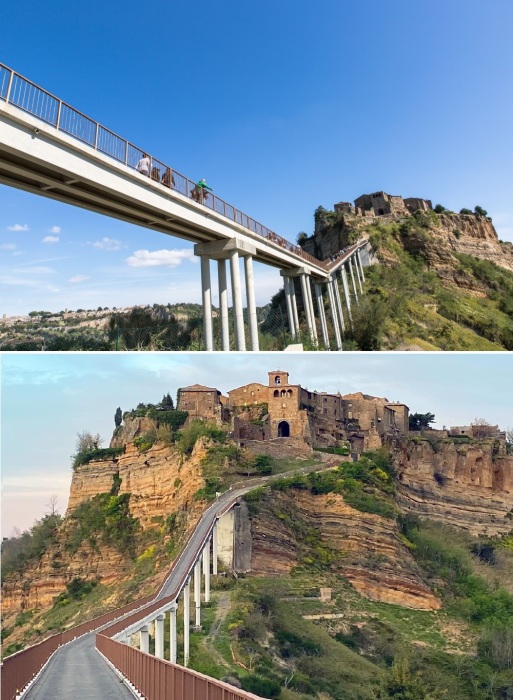 Захватывающие дух приключения начинаются с того момента, как туристы ступают на 300-метровый пешеходный мост, возвышающийся над оврагами и ущельями (Чивита-ди-Баньореджо, Италия). 