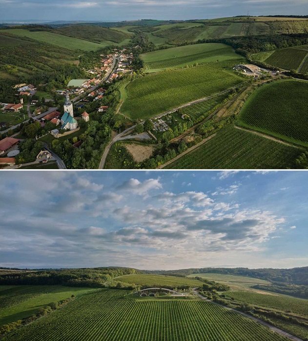 Винодельня Гурдау среди идиллической сельской местности Моравии.