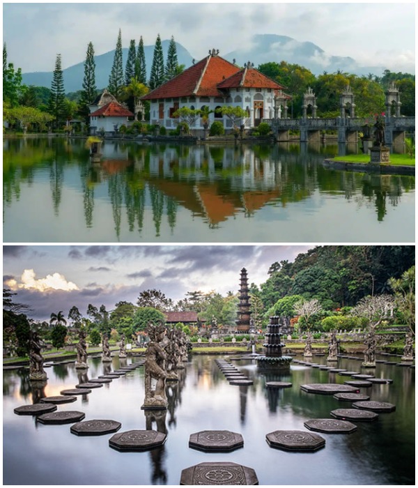 Мистические сады, озера и фонтаны водного королевского дворца Тирта Ганга привлекают любителей запоминающегося отдыха (Бали, Индонезия).