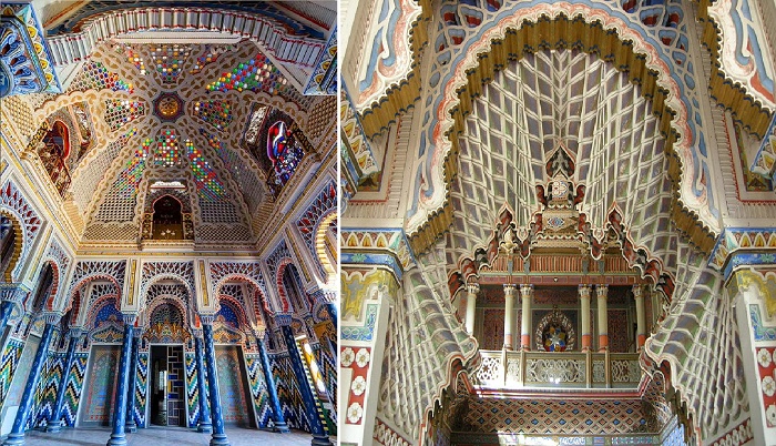 В этом зале восточная архитектура сочетается с элементами запада, такими как кессонный потолок и символом флорентийской лилии (Зал лилий, Castello di Sammezzano).