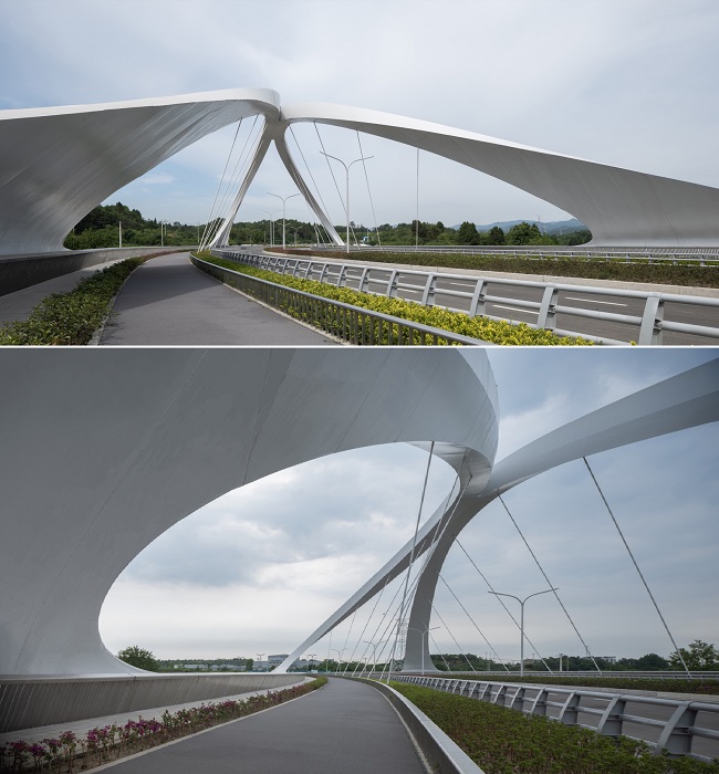 Мост предназначен для движения автотранспорта, велосипедистов и пешеходов (West Line Road Chengdu, Китай).
