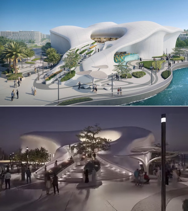 Скульптурная фасадная лестница приведет на крышу, где посетителей ждут выставочные пространства, рестораны, зоны отдыха и смотровая площадка (концепт TeamLab Phenomen Abu Dhabi).