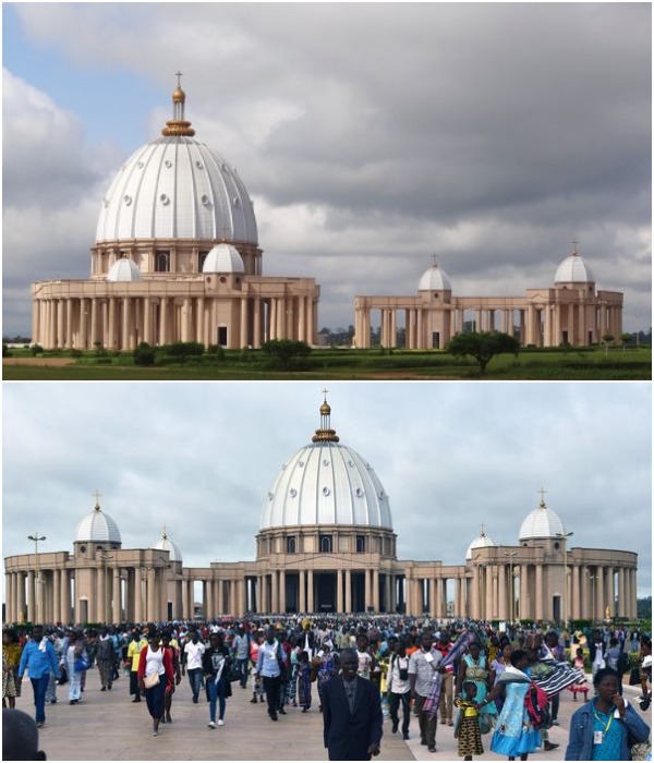 Несмотря на то, что мировая общественность посчитала проект китчем, Базилика Богоматери Мира Ямусукро была освящена Папой Римским (Кот-д'Ивуар).