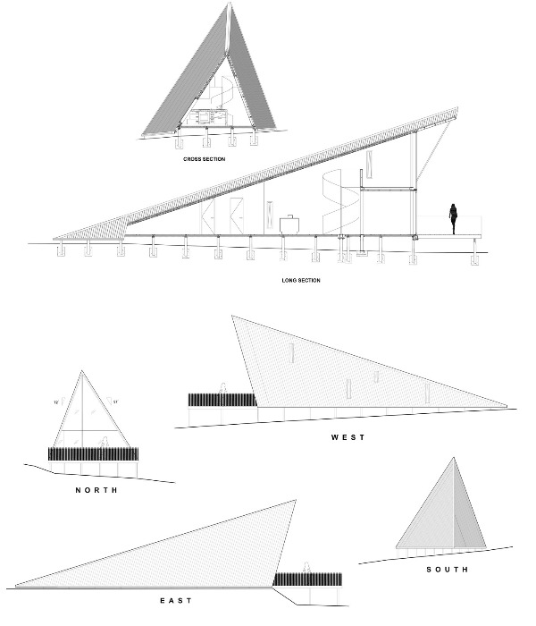 План-схема треугольного дома и расположение его на холмистом участке (The Tent House, проект Chris Tate Architecture). 