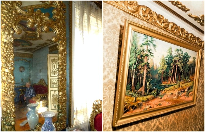 Все картины написаны отцом Владимира, а вот резные рамы, фризы и различный декор он делал сам.