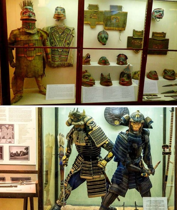 Коллекции ритуальной одежды и экипировки воинов из разных стран мира (Кунсткамера, Санкт-Петербург).