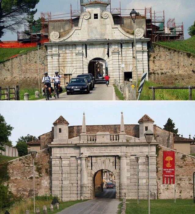 Преображенные въездные ворота, ведущие на территорию города-крепости (Пальманова, Италия).