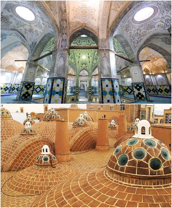 На купольной крыше Бани Султана Амира Ахмада предусмотрены как сквозные отверстия, так и окна-линзы (Кашан, Иран).