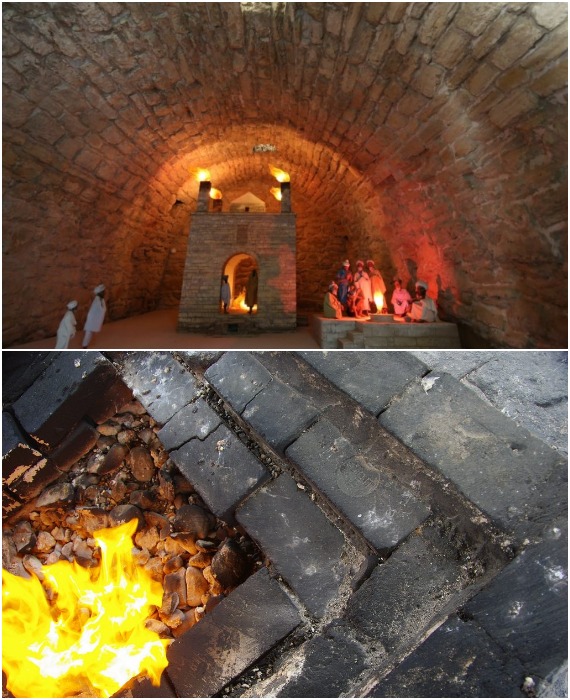 Сейчас на территории Храма огня Атешгях можно увидеть несколько источников импровизированного вечного огня (Азербайджан).