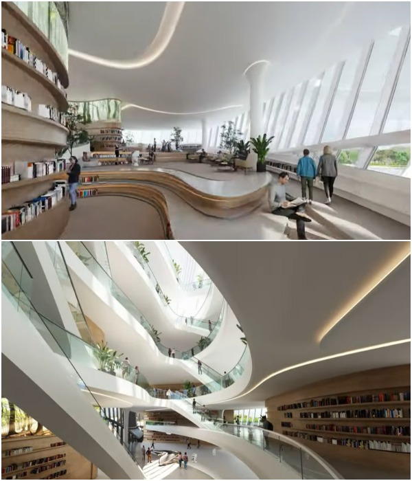 Главный читальный зал Мультимедийной библиотеки, в которой нашлось место для печатных изданий (концепт Jinghe New City).