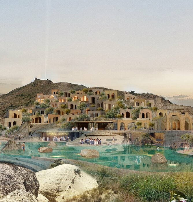 Благодаря термальному источнику удастся организовать не только СПА-центр, гости смогут понежиться в теплой «лагуне» (концепт GAD Cappadocia Hotel & Spa). | Фото: gadarchitecture.com.
