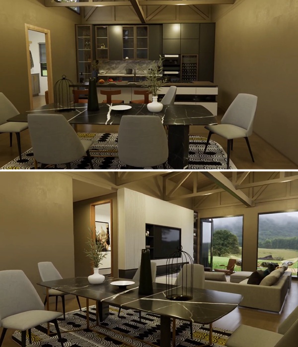 Столовая разделяет гостиную и кухню.