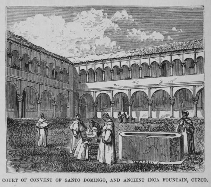 Архитектурный комплекс, возведенный испанскими зодчими, также постигла незавидная участь (Двор монастыря Санто-Доминго в 1877 г., рисунок Э. Дж. Сквайера). | Фото: hmn.wiki.
