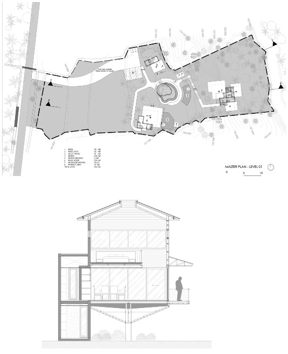 План-чертеж расположения эко-курорта на местности и планировка «скворечника-студии», разработанный немецким архитектором Alexis Dornier (Birdhouses resort).