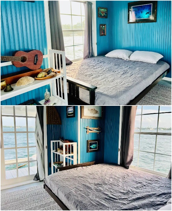 Спальная комната оформлена в морском стиле.