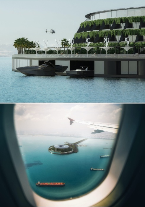 Желающих могут доставить и на вертолете или беспилотнике (концепт Qatar's Eco-Floating Hotel).
