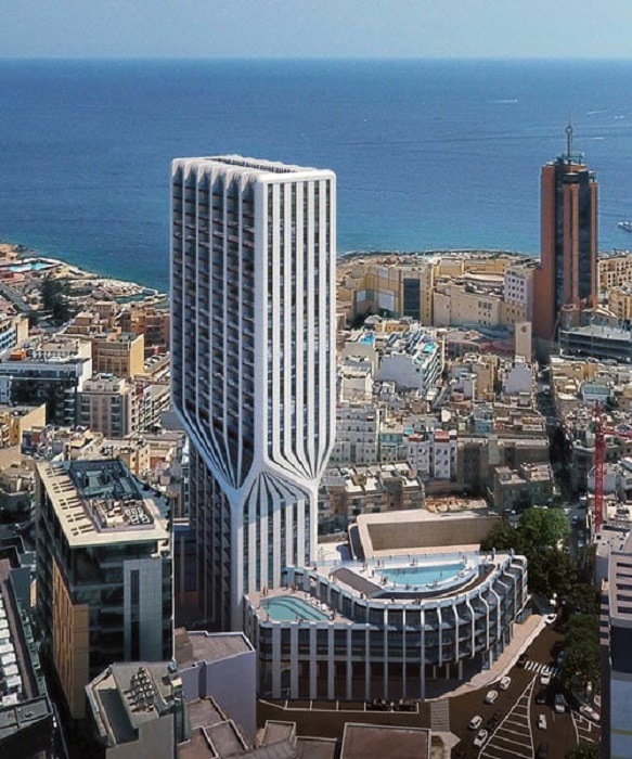 Главной архитектурной жемчужиной преобразованного квартала является 122-метровая башня с драматическим изгибом (Mercury Towers, Мальта). | Фото: homesofquality.com.mt.