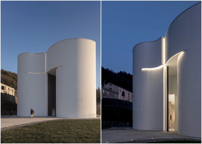 Приоткрытый «лепесток» структуры здания образует вход в церковь (Santa Maria Goretti, Италия).