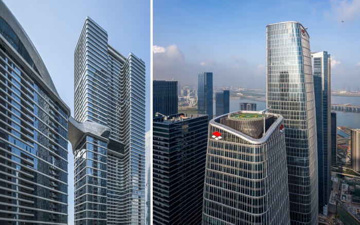 Две жилые башни соединены между собой «небесным мостом», а их крыши стали дополнительной общественной зоной, смотровой и вертолетной площадками (One Excellence, Шэньчжэнь).
