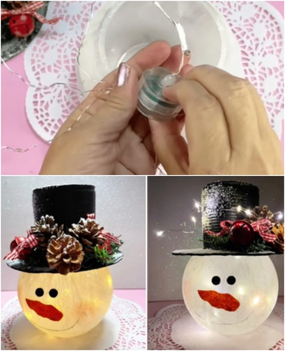 Внутрь вазы/плафона поместить электрическую свечу, закрепить шляпу – снеговик готов.
