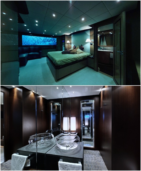 Интерьер спальни и ванной комнаты в отеле-субмарине, за ночь в которой придется отдать до 292 тыс. дол.