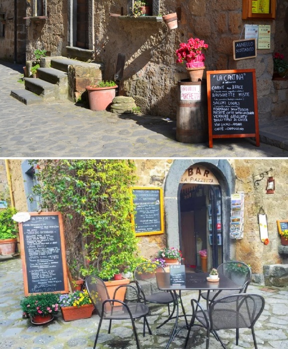 На главных туристических улочках, ведущих на центральную часть, имеется множество ресторанчиков, лавок, мастерских (Чивита-ди-Баньореджо, Италия).