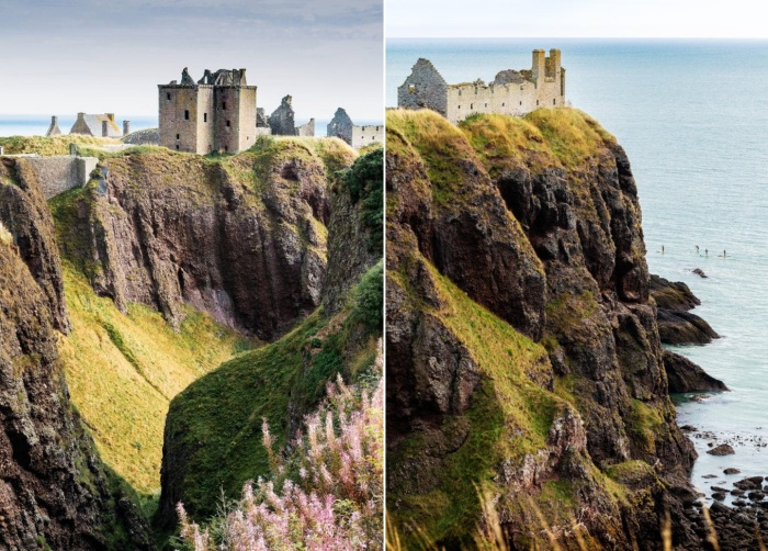 Глубокие ущелья со стороны суши и отвесные стены скалы со стороны моря стали прекрасной защитой для замка Данноттар (Стоунхейвен, Шотландия).