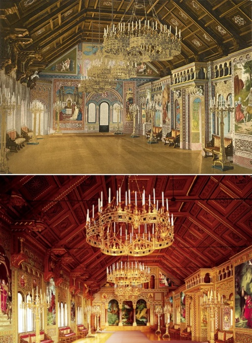 Зал певцов, посвященный творчеству Рихарда Вагнера, был одним из самых важных помещений в Schloss Neuschwanstein (1896 г. и современное фото).