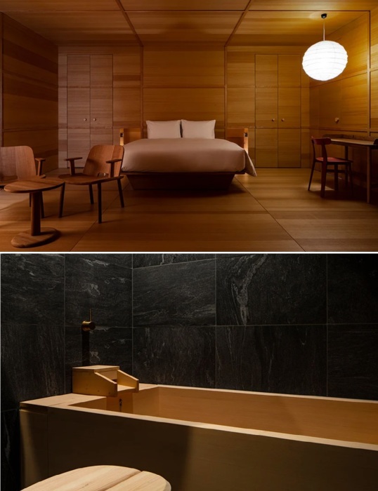 В номере, оформленном британским дизайнером Джаспером Моррисоном деревянное все, и даже ванна (Shiroiya Hotel Green Tower, Маэбаси).