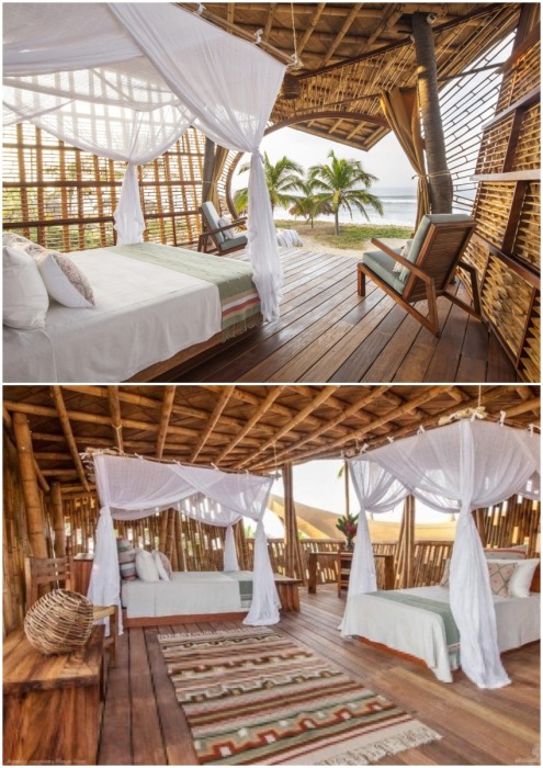 Варианты дизайна интерьера главной спальни домика на дереве эко-отеля сети Playa Viva (Juluchuca, Мексика).