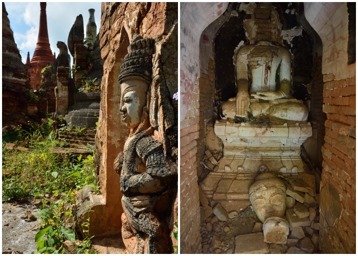 Каждая ступа, до сих пор хранит какую-то буддийскую реликвию, это могут быть небесные существа, мифологические животные, но в большинстве случаев – статуя Будды (деревня Индейн, Мьянма).