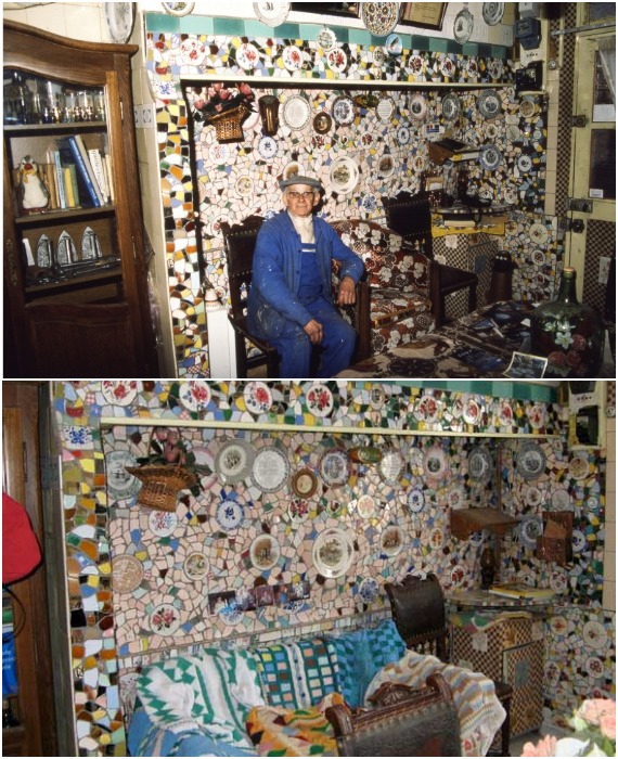 Много лет вместо ковров и обоев стены гостиной украшены красочной мозаикой (La Maison Cassée Vaisselle, Франция).