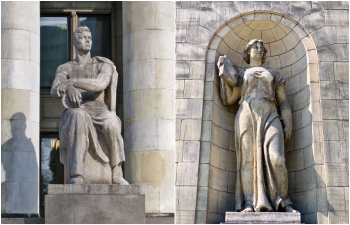 Скульптуры, украшающие фасад Дворца культуры и искусства.