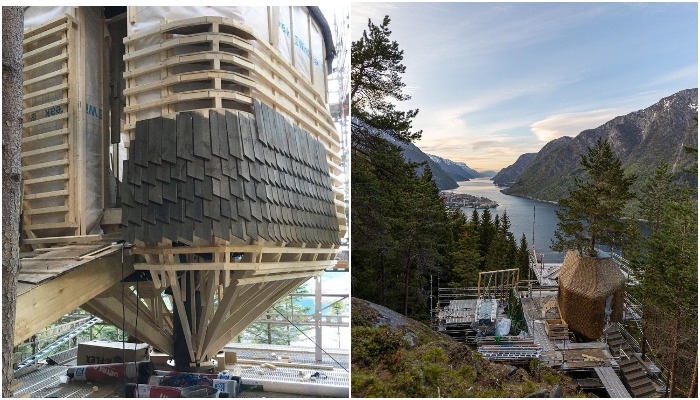 Каждое строение было обшито деревянной черепицей, чтобы минимизировать влияние на природное окружение и гармонично вписать в лесной пейзаж (Woodnest Originals, Норвегия).