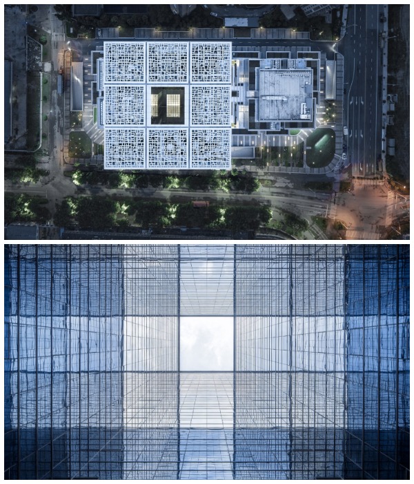 80-метровой высоты атриум обеспечивает солнечным светом даже помещения, расположенные в глубине небоскреба Cube (вид сверху и с нижнего этажа).