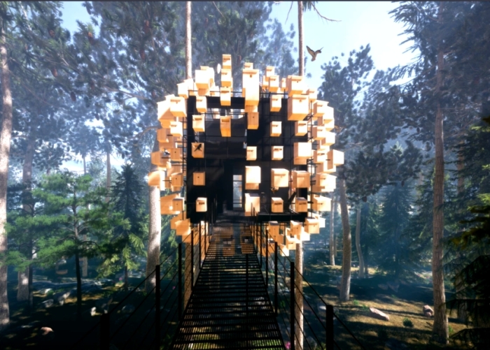 Подъем к домику на дереве по «воздушному» мосту станет незабываемым приключением для постояльцев (концепт гостиничного номера Biosphere). | Фото: luxurylaunches.com.