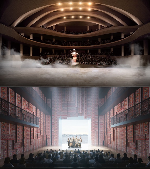 Структура нового театра подразумевает обустройство трех масштабных залов (Главный, Универсальный и Восточный), а также творческую и образовательную лаборатории, общественное пространство (рендеринг).