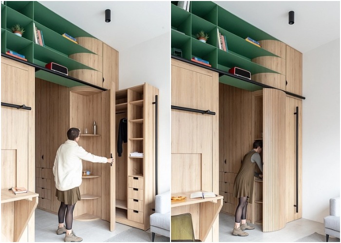 В мебельном модуле задействованы все полки и углы, чтобы легче было поддерживать порядок на небольшой площади квартиры-студии (Qorner Domestico, Эквадор).