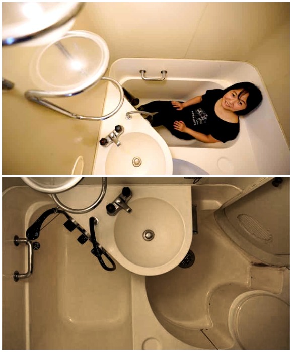 На 10 квадратных метрах капсулы нашлось место и для ванной комнаты (Nakagin Capsule Tower, Япония).