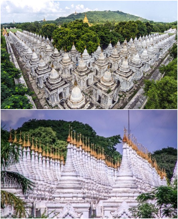 730 белоснежных святилищ kyauksa gu, установленных в строгие ряды, образуют страницы книги, в которой сохранились тексты «Типитаки» (Kuthodaw Pagoda, Мандалай).