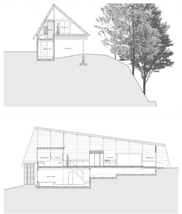План-чертеж лесной избушки с видом на море от архитектурной компании Moriya and Partners (Setoyama).