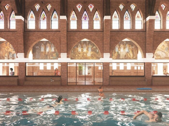 В преобразованной церкви сохранят витражи и фрески (концепт Holy Water).