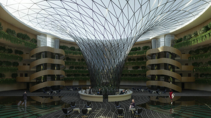 Огромный холл с фантастическим интерьером встречает вновь прибывших гостей (концепт Qatar's Eco-Floating Hotel). | Фото: © Hayri Atak Architectural Design Studio.