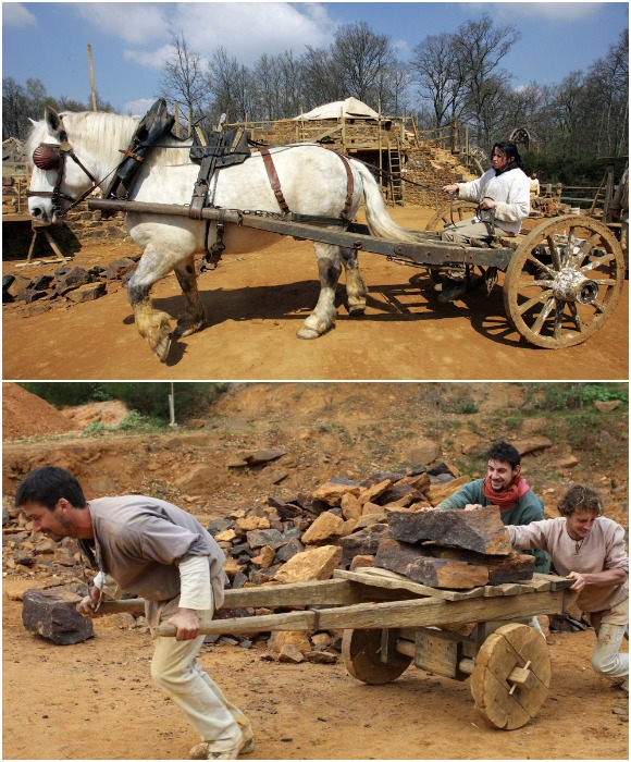 Для транспортировки строительных материалов используют лишь повозки с лошадями и ручные тележки (Guedelon Castle, Бургундия).