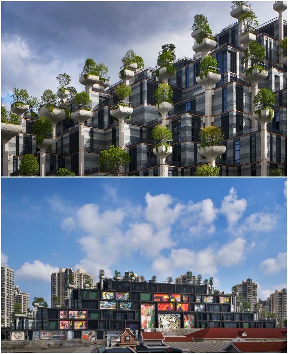 Со стороны реки торговый центр напоминает склон горы, а вот с противоположной стороны – совсем не выделяется из городской архитектуры («1000 деревьев», Шанхай).