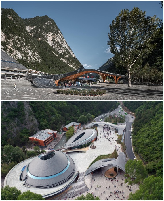 В проекте Jiuzhai Valley Visitor Center гармонично сочетается форма ландшафта и архитектурный рельеф (Jiuzhaigou National Park, Китай).