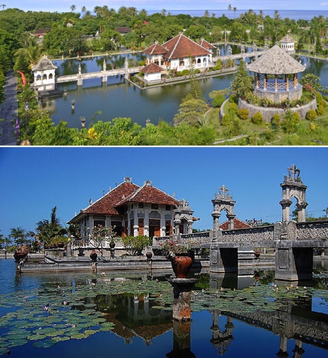 На территории королевской резиденции можно отведать кулинарные изыски, полюбоваться живописными прудами и садами, а также переночевать (Tirta Gangga Water Palace, Бали).