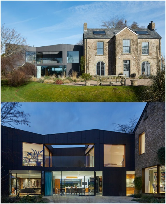 Зигзагообразный фасад пристройки сделан из черного бетона, который прекрасно вписывается в окружающий пейзаж (House on the Hill, Глостершир).