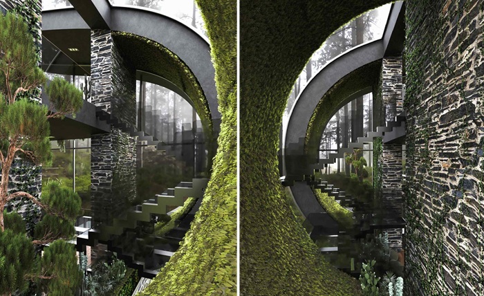 Скульптурная лестница стала эффектным продолжение лесного пейзажа («Дом сестер-близнецов»). Скульптурная лестница стала эффектным продолжение лесного пейзажа («Дом сестер-близнецов»).