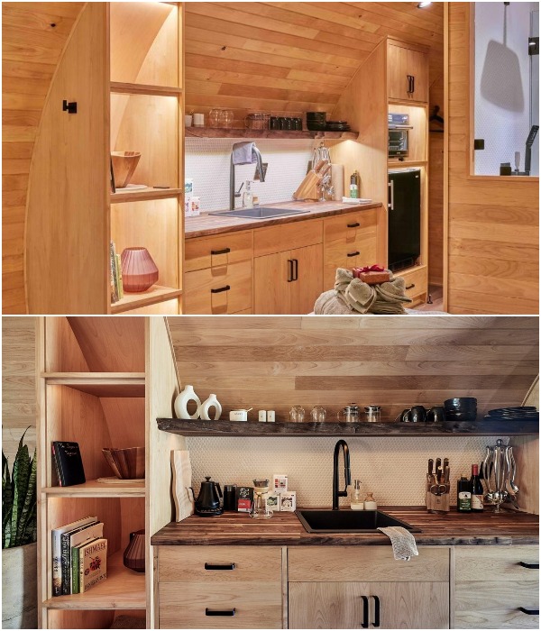 Кухонный гарнитур изготовлен из массива дерева.